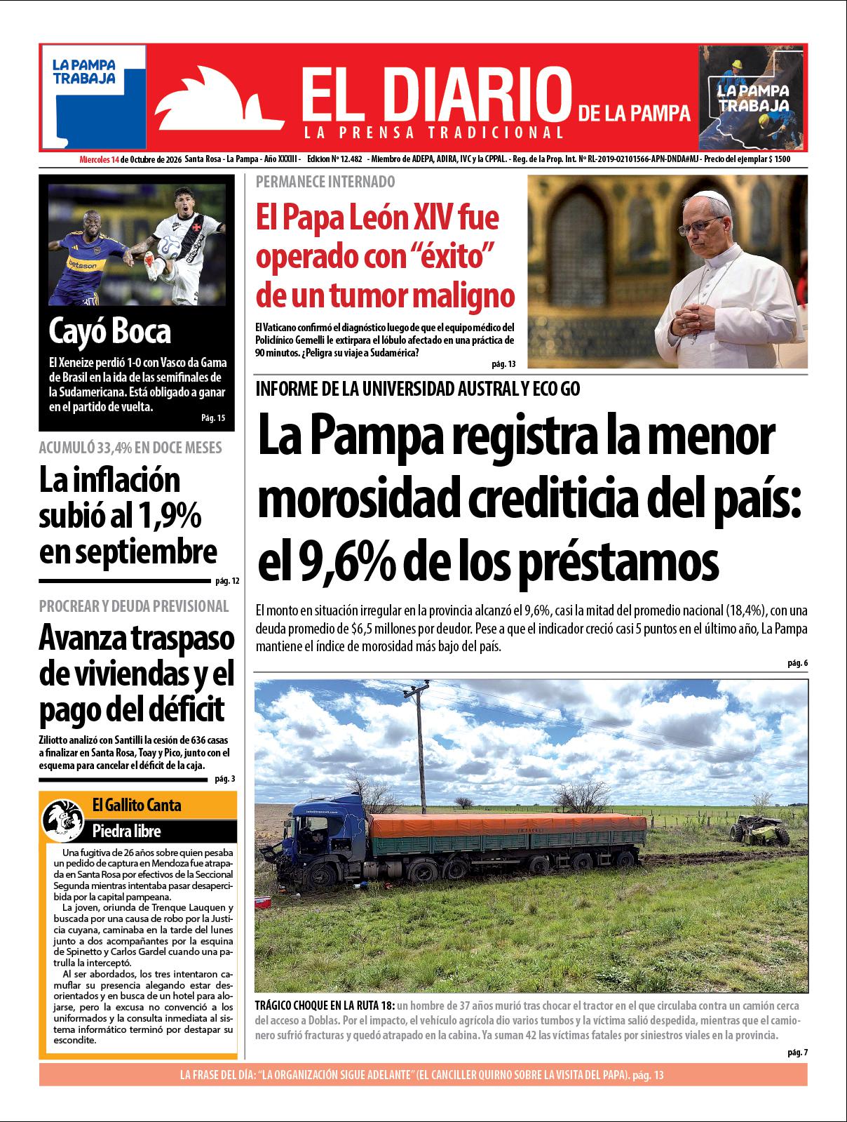 Tapa de El Diario en papel  mieacutercoles 14 de octubre de 2026